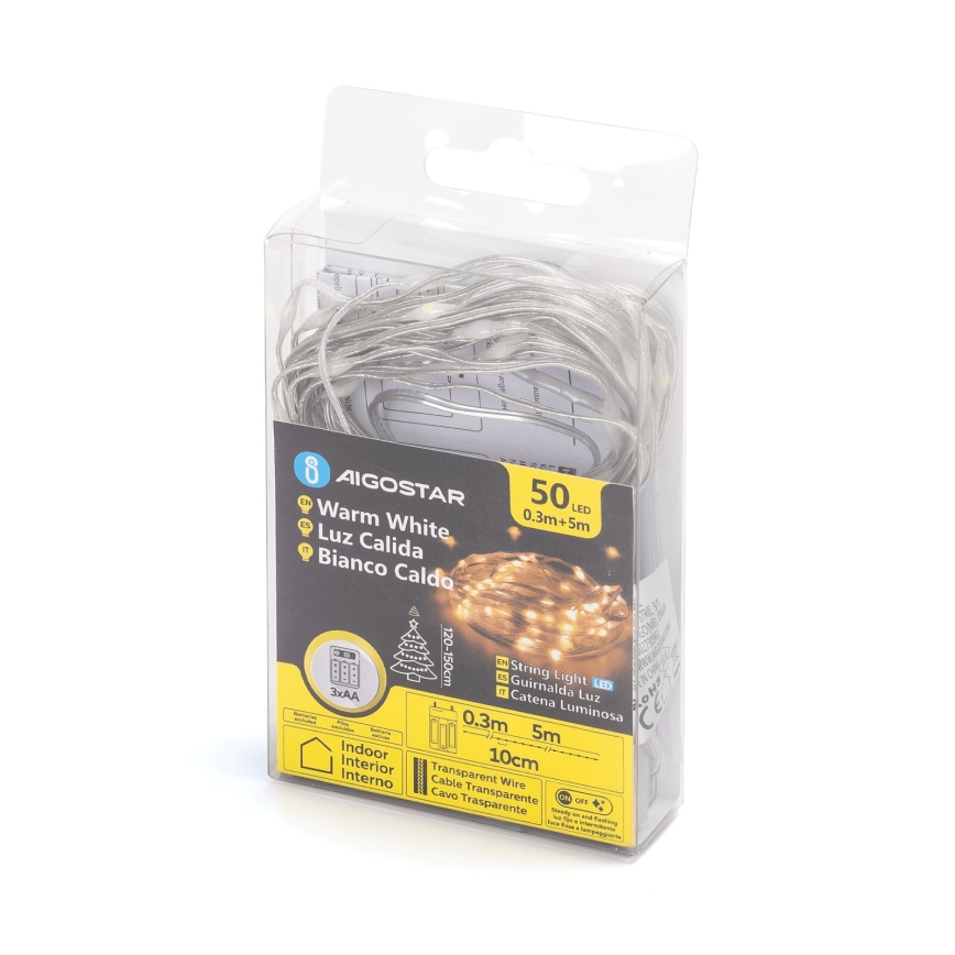 Aigostar - LED Ziemassvētku virtene 50xLED/3xAA 5,3 m silti balta