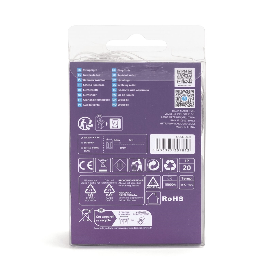 Aigostar - LED Ziemassvētku virtene 50xLED/3xAA 5,3 m silti balta