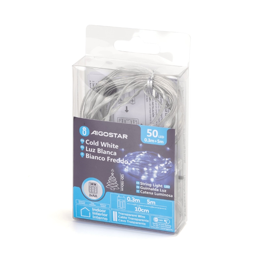 Aigostar - LED Ziemassvētku virtene 50xLED/3xAA 5,3m auksti balta
