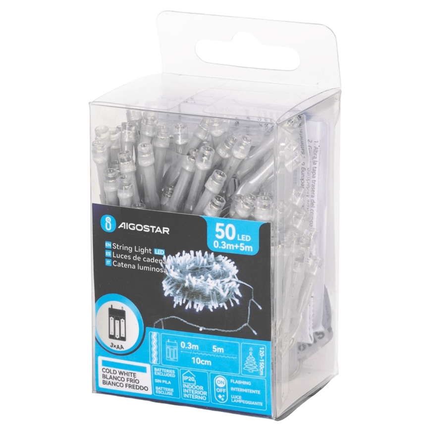 Aigostar - LED Ziemassvētku virtene 50xLED/3xAA 5,3m auksti balta