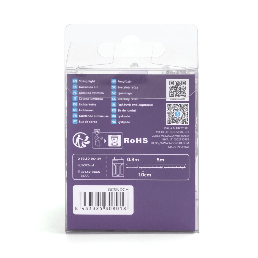 Aigostar - LED Ziemassvētku virtene 50xLED/3xAA 5,3m daudzkrāsaina