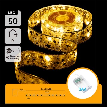 Aigostar - LED Ziemassvētku virtene 50xLED/3xAA 5m, siltā balta, zeltaina