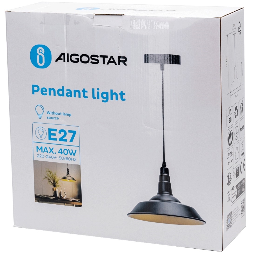Aigostar - Lustra ar auklu 1xE27/60W/230V melna