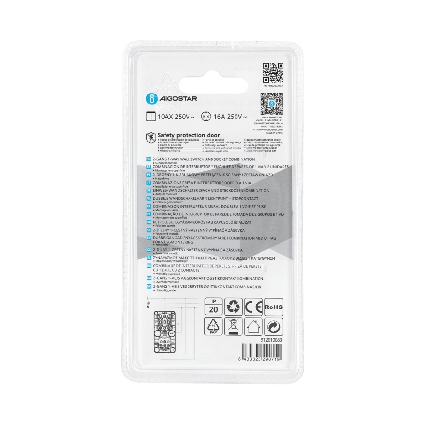 Aigostar - Mājas slēdzis 2P ar kontaktligzdu 1x10A/250V