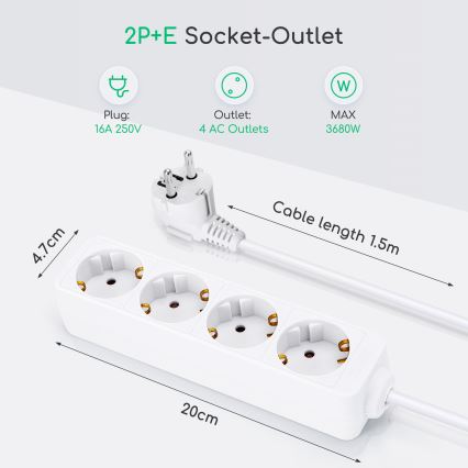 Aigostar - Pagarinātāja vads 4Z Tips F 1,5m balta SCHUKO