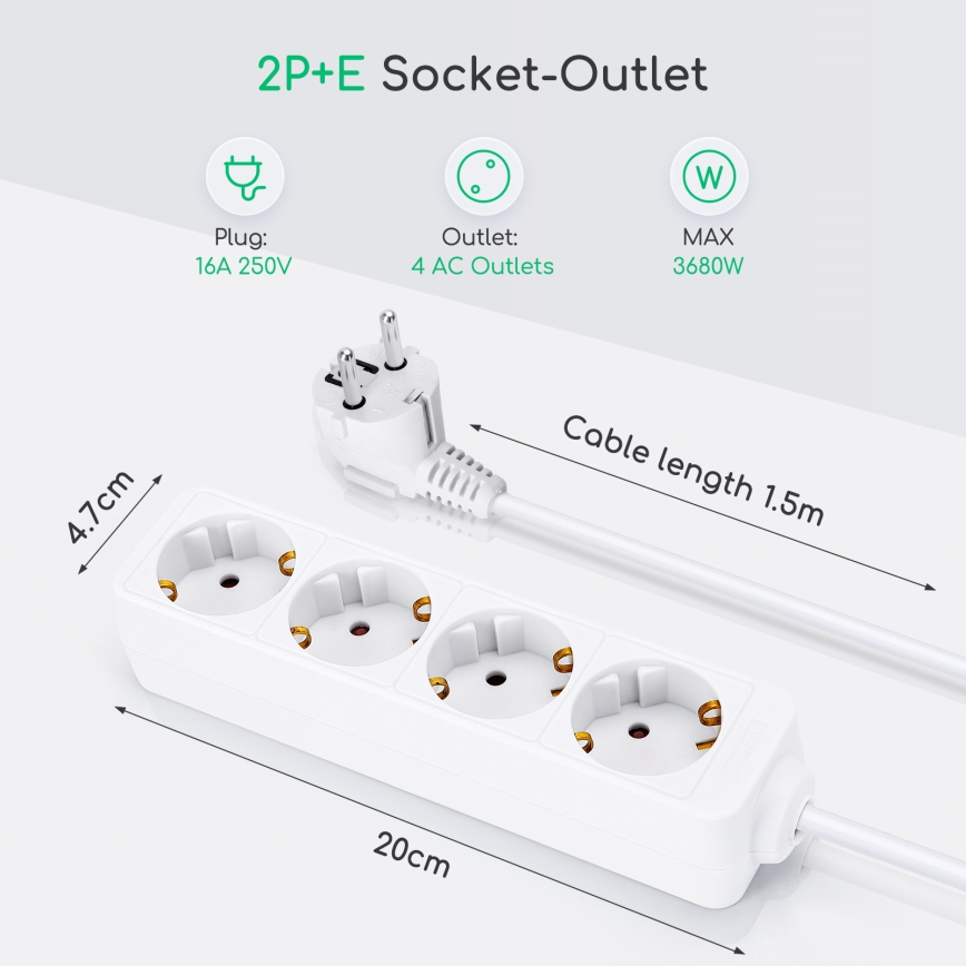 Aigostar - Pagarinātāja vads 4Z Tips F 1,5m balta SCHUKO