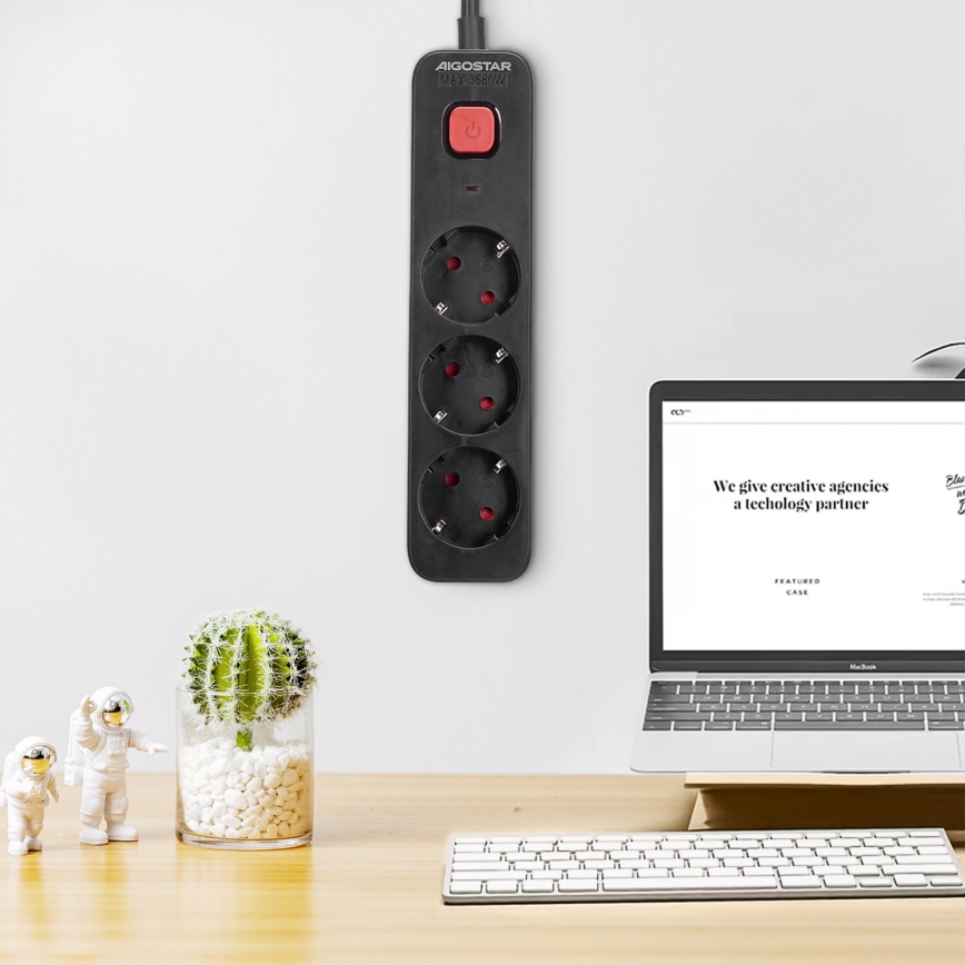 Aigostar - Pagarinātāja vads ar slēdzi 3Z 1,5m melna