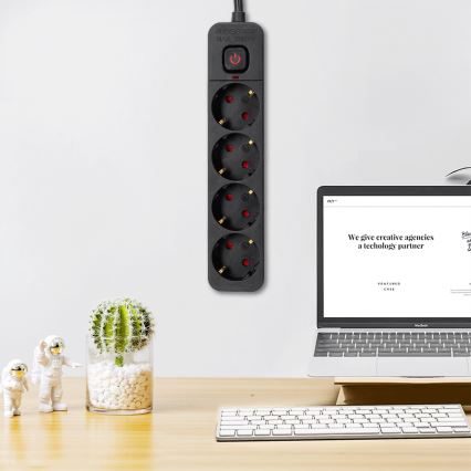 Aigostar - Pagarinātāja vads ar slēdzi 4Z 3m melna