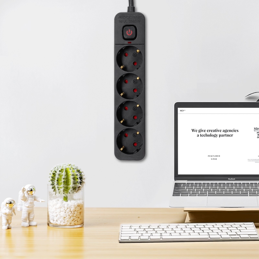 Aigostar - Pagarinātāja vads ar slēdzi 4Z 3m melna