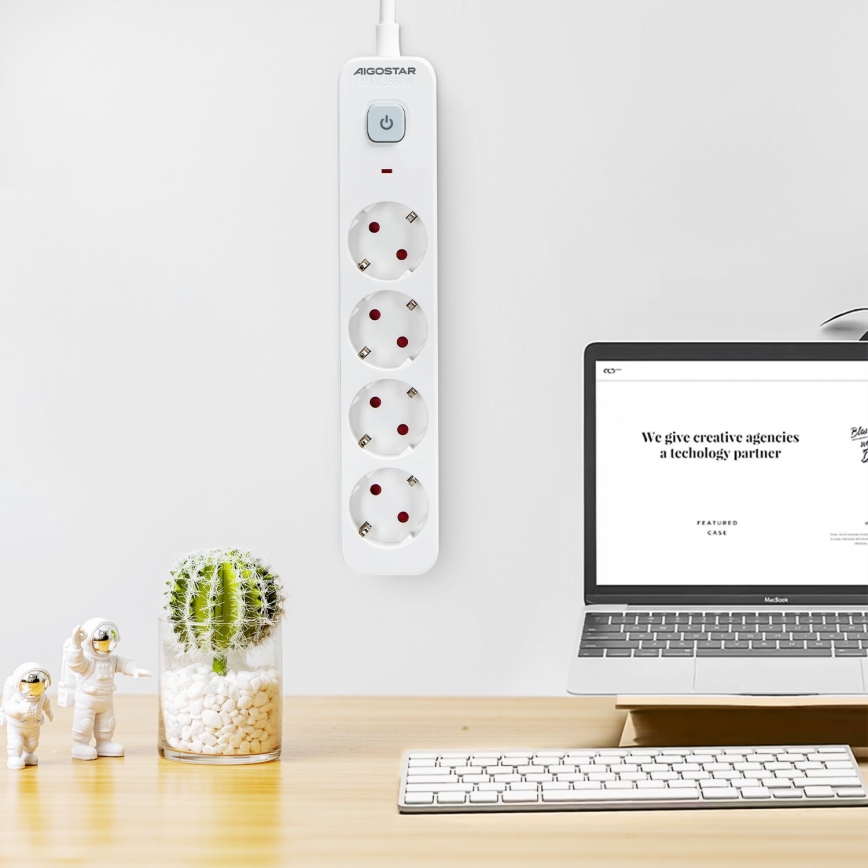 Aigostar - Pagarinātāja vads ar slēdzi 4Z Tips F 1,5m balta