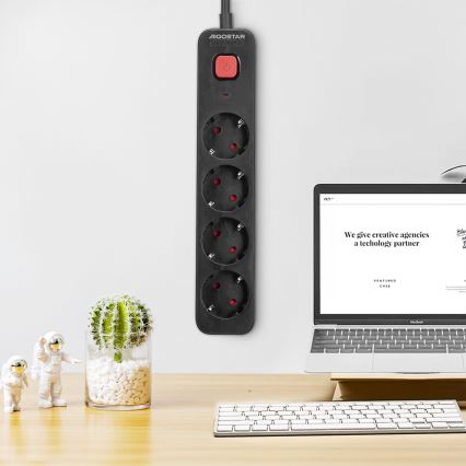 Aigostar - Pagarinātāja vads ar slēdzi 4Z Type F 1,5m SCHUKO melna