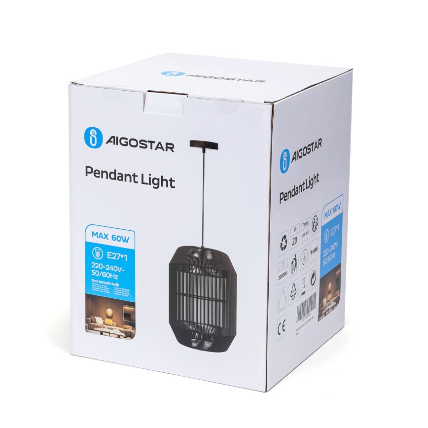 Aigostar - pakaramais gaismeklis ar vadu 1xE27/60W/230V melns, diam. 23 cm