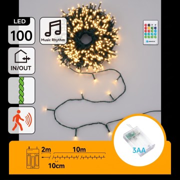 Aigostar - Regulējama LED āra Ziemassvētku virtene ar kustības sensoru 100xLED/3xAA 12m silti balta + tālvadība