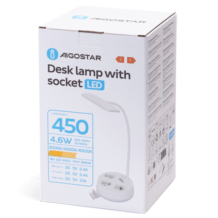 Aigostar - regulējama LED galda lampa ar kontaktligzdām un USB LED/4,6W/230V 3000/4000/6500K balta