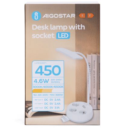 Aigostar - regulējama LED galda lampa ar kontaktligzdām un USB LED/4,6W/230V 3000/4000/6500K balta