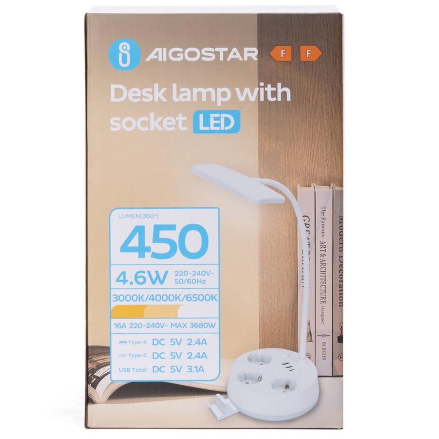 Aigostar - regulējama LED galda lampa ar kontaktligzdām un USB LED/4,6W/230V 3000/4000/6500K balta