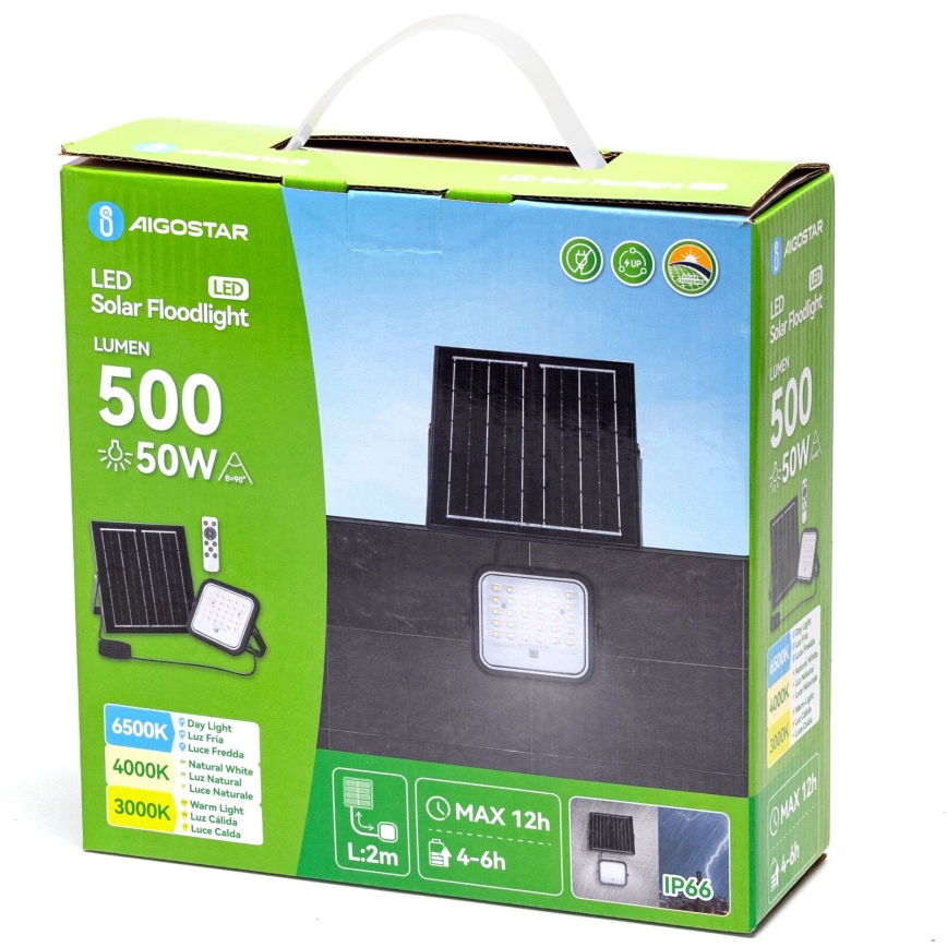 Aigostar - LED saules prožektors ar regulējamu spilgtumu LED/50W/3,4V 3000/4000/6500K IP66 4000 mAh + tālvadība