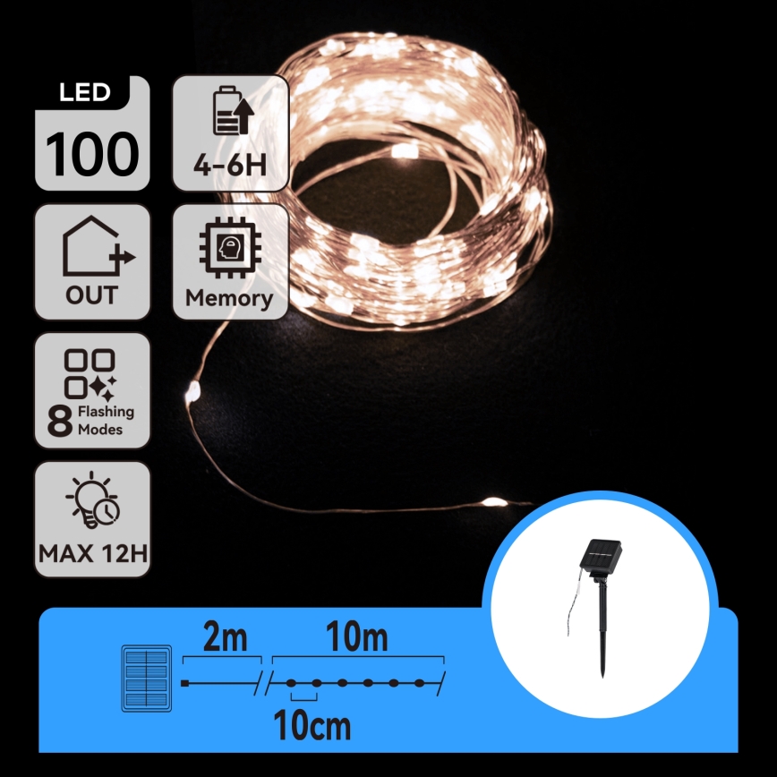 Aigostar - LED saules virtene 100xLED/8 režīmi 12m IP65 800 mAh auksti balta