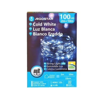 Aigostar - LED saules virtene 100xLED/8 režīmi 12m IP65 800 mAh auksti balta