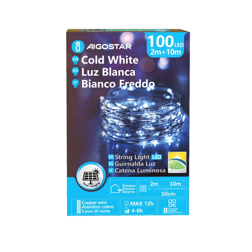 Aigostar - LED saules virtene 100xLED/8 režīmi 12m IP65 800 mAh auksti balta