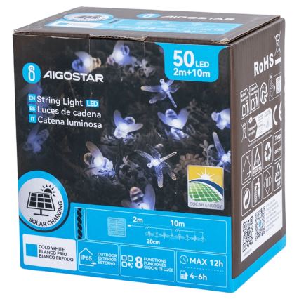 Aigostar - LED saules dekoratīvā virtene 50 LED/8 funkcijas 10 m 800 mAh IP65 auksti balta