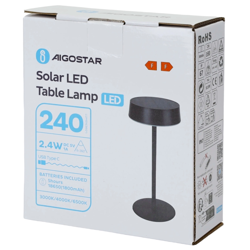 Aigostar - LED saules lampa LED/2,4W/5V IP44 1800 mAh