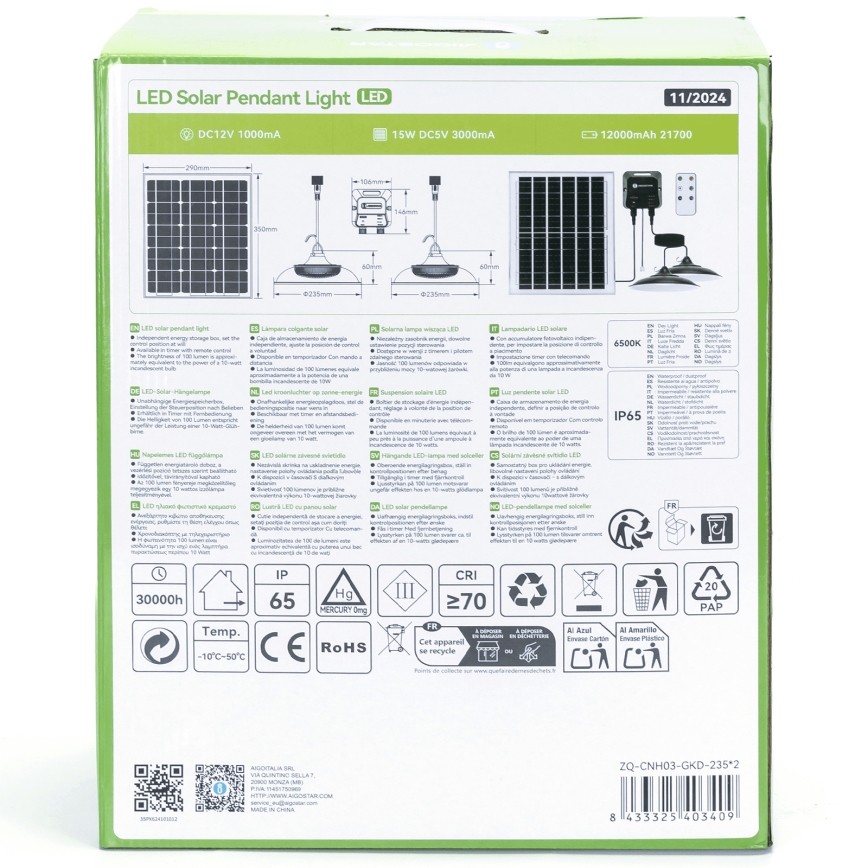 Aigostar - LED saules lustra 2xLED/70W/12V 12000 mAh 6500K IP65 Ø 23,5 cm + tālvadības pults