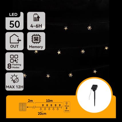 Aigostar - LED saules virtene 50 LED/8 funkcijas 12 m 800 mAh IP65 silti balta
