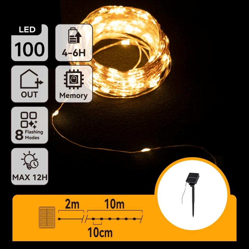 Aigostar - LED saules Ziemassvētku virtene 100xLED/8 funkcijas 12m 800 mAh IP65 siltā balta
