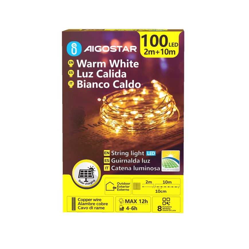 Aigostar - LED saules Ziemassvētku virtene 100xLED/8 funkcijas 12m 800 mAh IP65 siltā balta