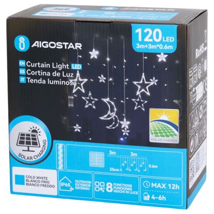 Aigostar - Saules darbināma LED Ziemassvētku virtene 120xLED/8 funkcijas 3x0,6m 500 mAh IP65 auksti balta