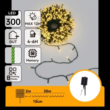 Aigostar - saules LED Ziemassvētku virtene 300xLED/8 funkcijas 32m IP65 silti balta 1200 mAh