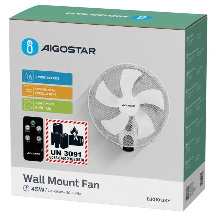 Aigostar -  Sienas ventilators 45W/230V balta + tālvadības pults