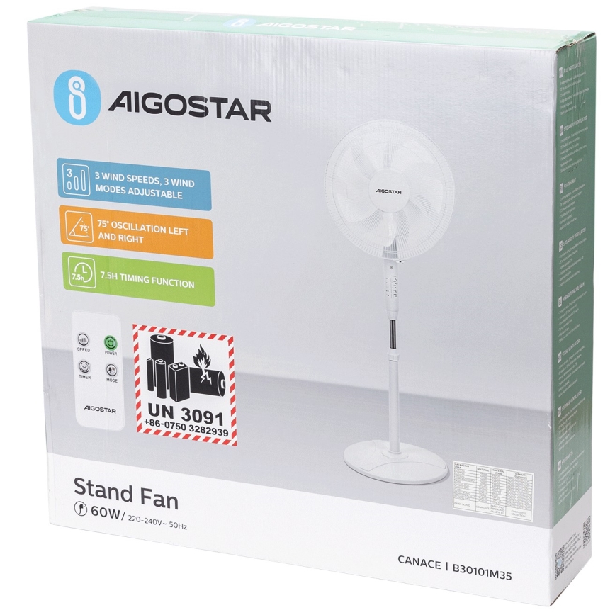 Aigostar - Statīva ventilators 60W/230V balta + tālvadības pults