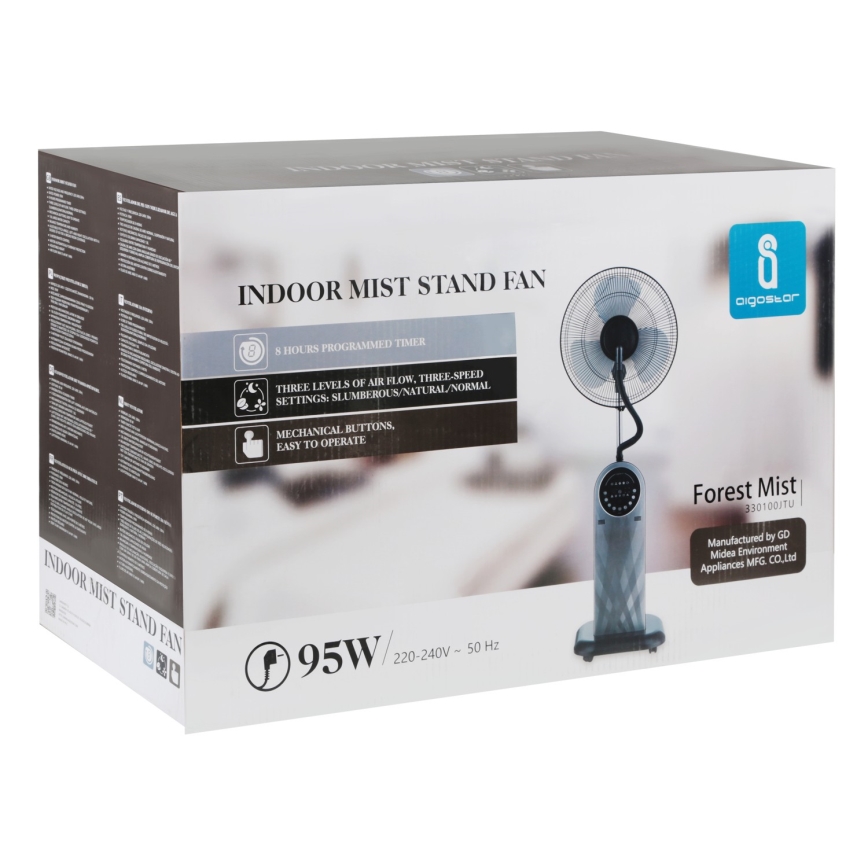Aigostar - Statīva ventilators ar miglas efektu 95W/230V melna/pelēka + tālvadības pults