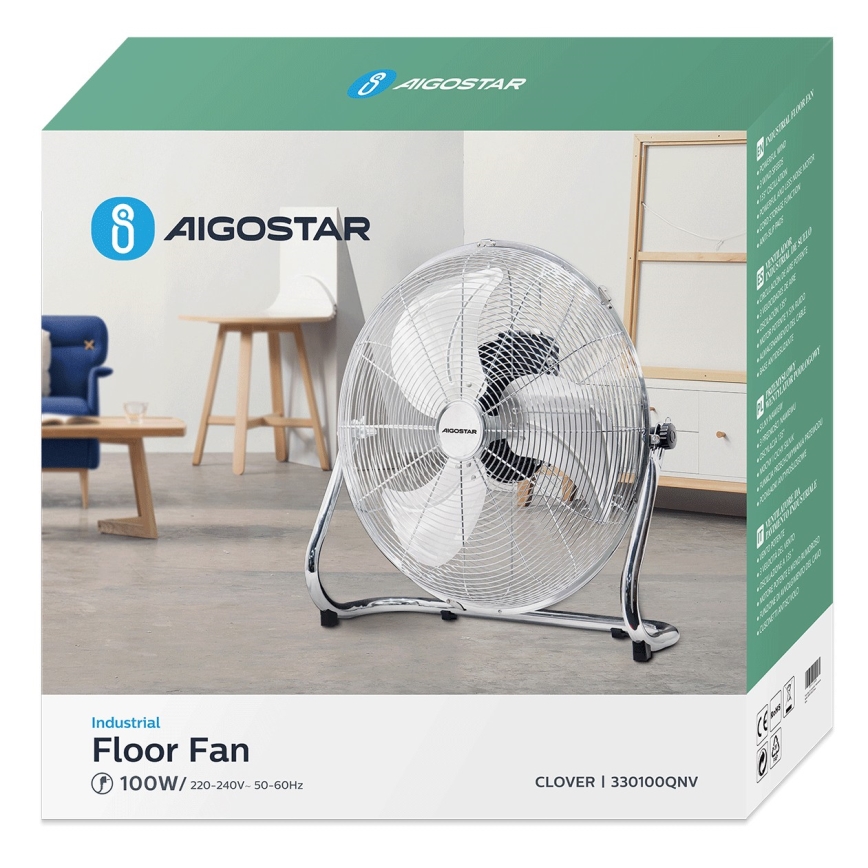 Aigostar - Grīdas ventilators 100W/230V Ø 54 cm spīdīga hroma apdare