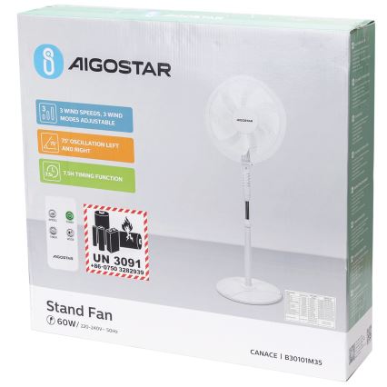 Aigostar - Stāvvietas ventilators 60W/230V balts + tālvadība