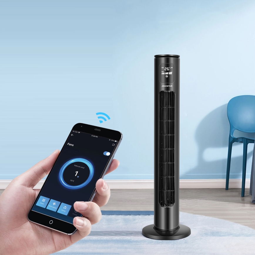 Aigostar - Torņa ventilators 50W/230V melna Wi-Fi + tālvadības pults