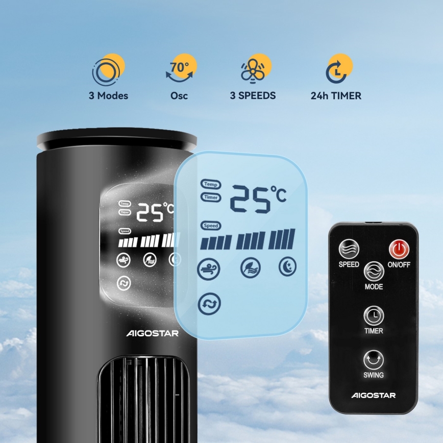 Aigostar - Torņa ventilators 50W/230V melna Wi-Fi + tālvadības pults