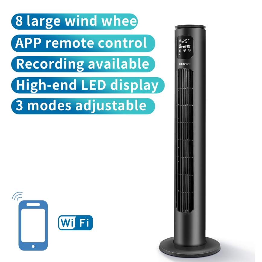 Aigostar - Torņa ventilators 50W/230V melna Wi-Fi + tālvadības pults