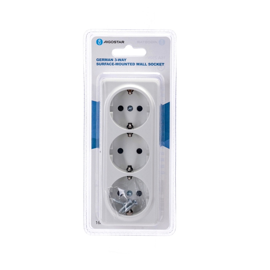 Aigostar - trīskārša sienas SCHUKO kontaktligzda 250V, balta