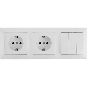 Aigostar - Trīskāršs slēdzis Nr. 3 ar 2x SCHUKO 230V kontaktligzdām un rāmi, balts