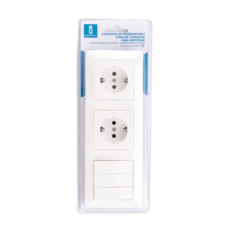 Aigostar - Trīskāršs slēdzis Nr. 3 ar 2x SCHUKO 230V kontaktligzdām un rāmi, balts
