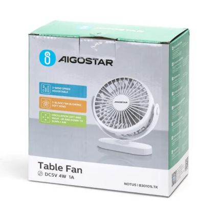 Aigostar - Uzlādējams galda ventilators 4W/5V 1500mAh balta