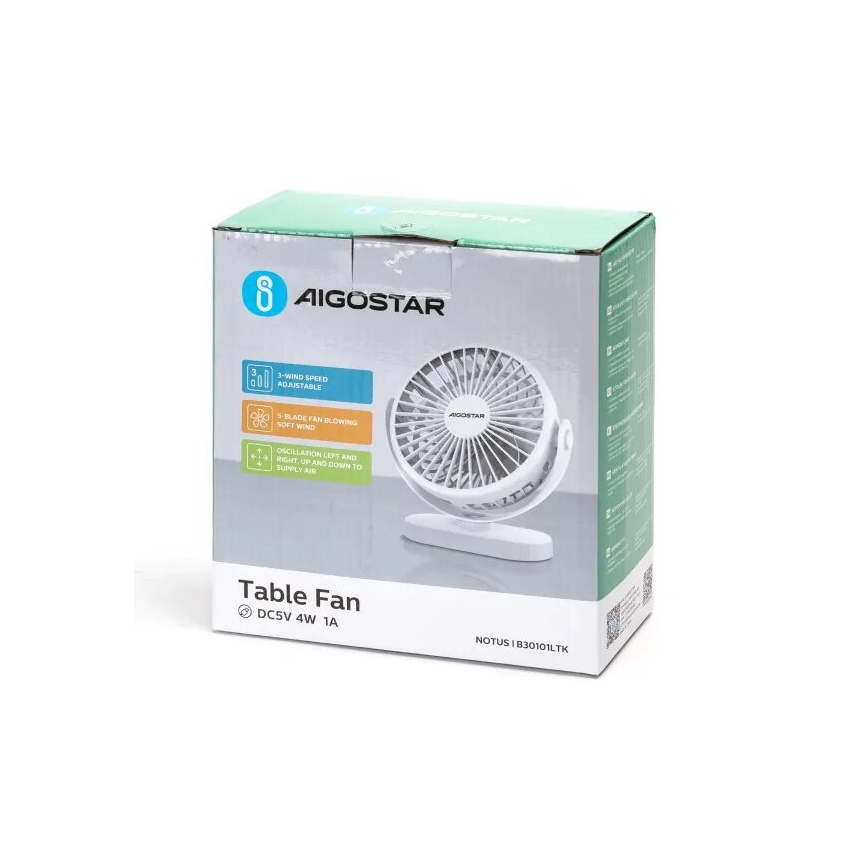 Aigostar - Uzlādējams galda ventilators 4W/5V 1500mAh balta