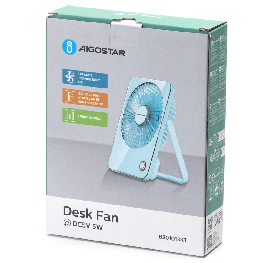 Aigostar - Uzlādējams galda ventilators 5W/5V 3600mAh USB zila