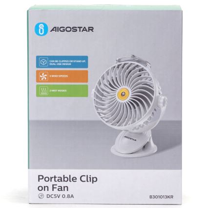 Aigostar - Uzlādējams galda ventilators ar stiprinājumu 2W/5V 2400mAh USB balta