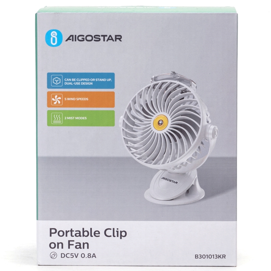Aigostar - Uzlādējams galda ventilators ar stiprinājumu 2W/5V 2400mAh USB balta