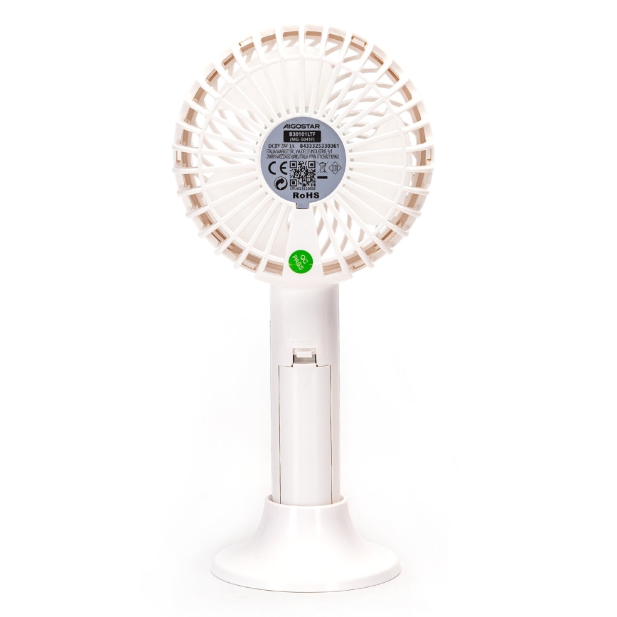 Aigostar - Uzlādējams kabatas ventilators 3W/5V 1500mAh USB balta