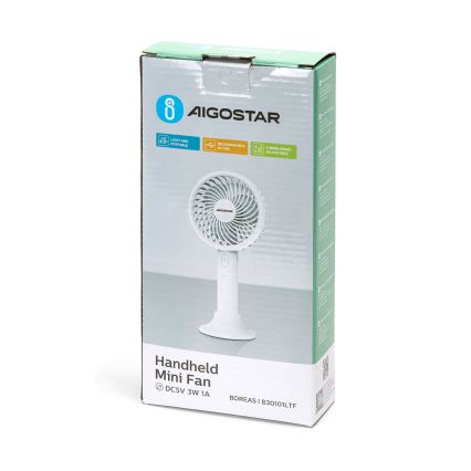 Aigostar - Uzlādējams kabatas ventilators 3W/5V 1500mAh USB balta